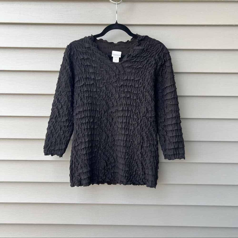 Haystack Black Waffle Knit Top Women's M 3/4 Sleeve V-Neck
